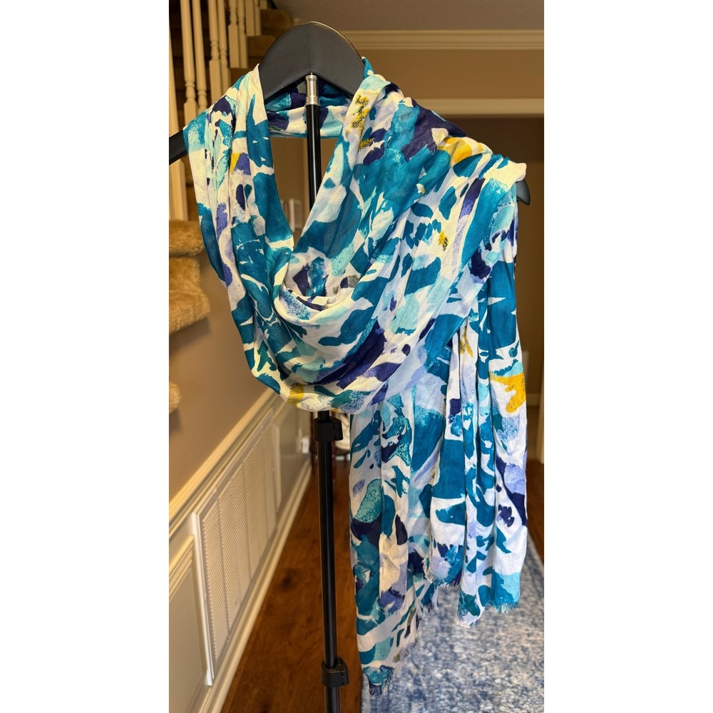 Chicos Blue Abstract Floral Modal Silk Blend Scarf Frayed Edge Long Wrap Scarf
